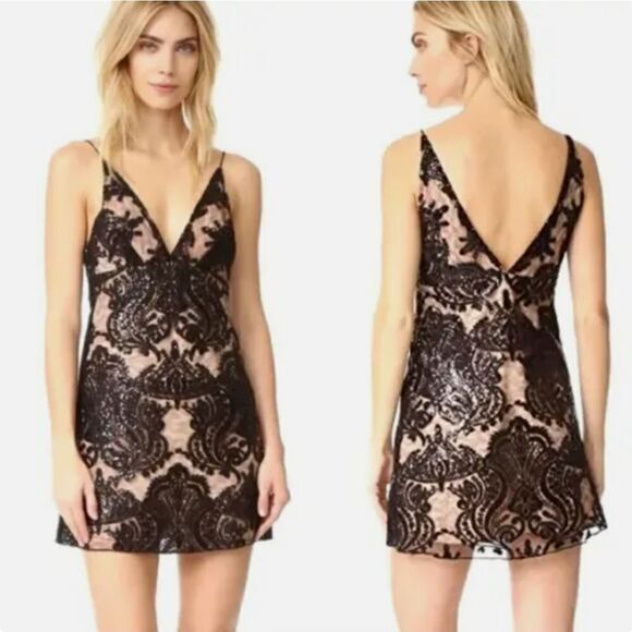 Free People Dresses & Skirts - Free People Night Shimmers Lace Sequined Beige and Black Dress